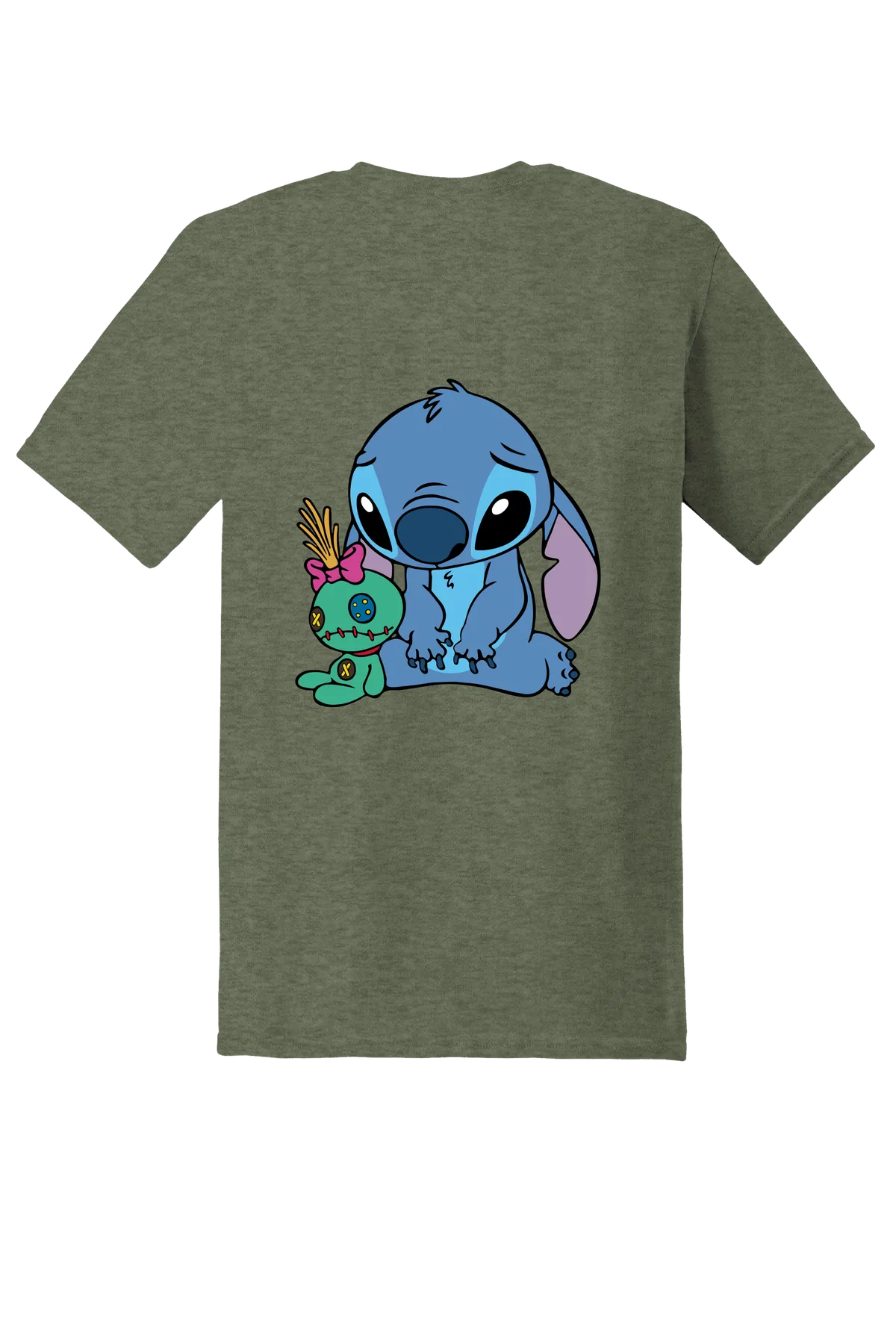 Lilo and Stitch Stitch and Doll 2 Tee, Heather Military Green, back print