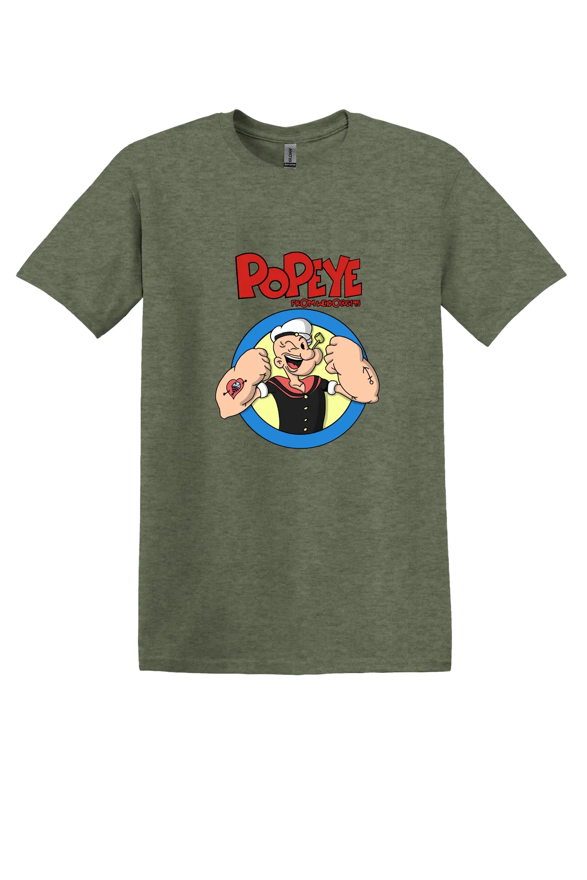 Popeye the Sailor 95 Tee, Heather Military Green, front print